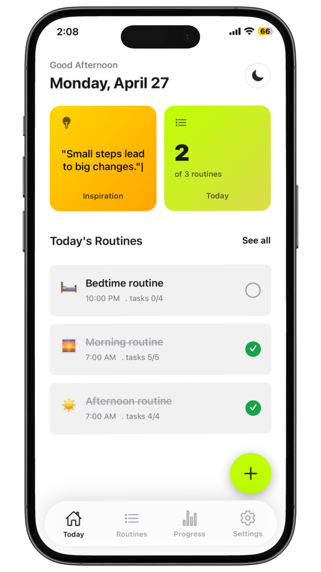 Roz app showing Today dashboard with routines